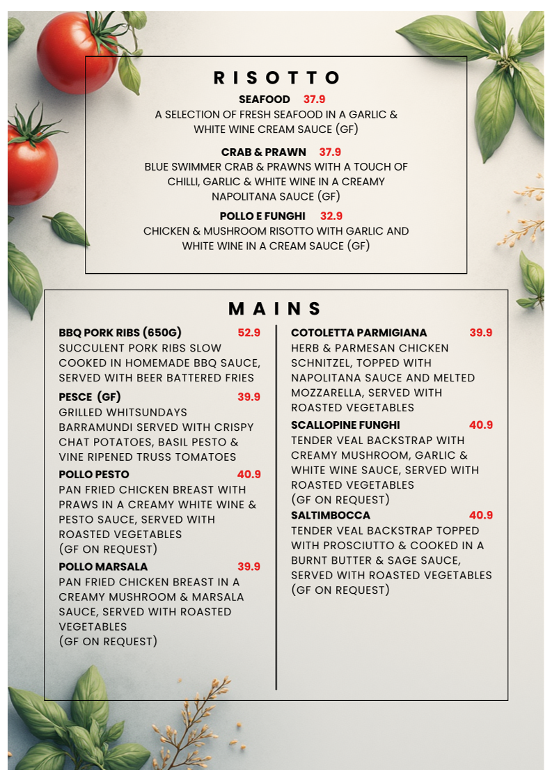 Menu, Fedele's East Gosford