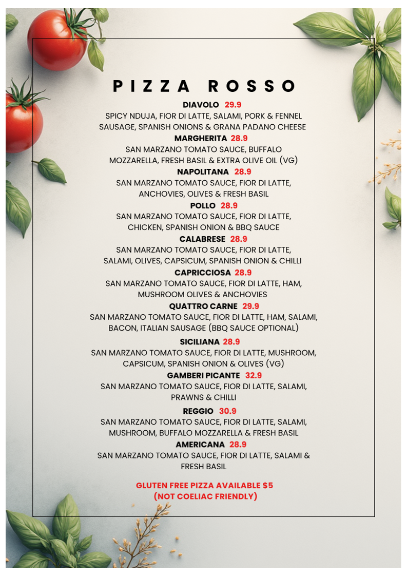 Menu, Fedele's East Gosford