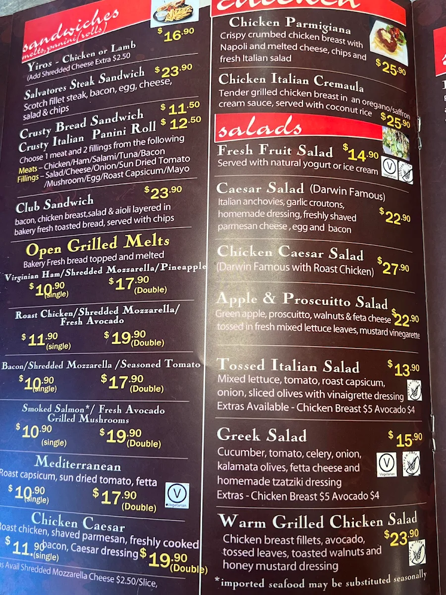 Menu, Salvatores Cafe