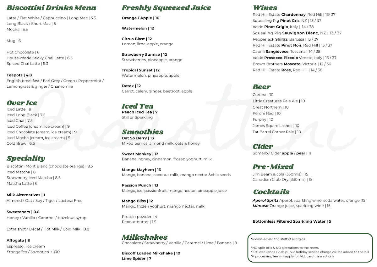 Menu, Biscottini Cafe