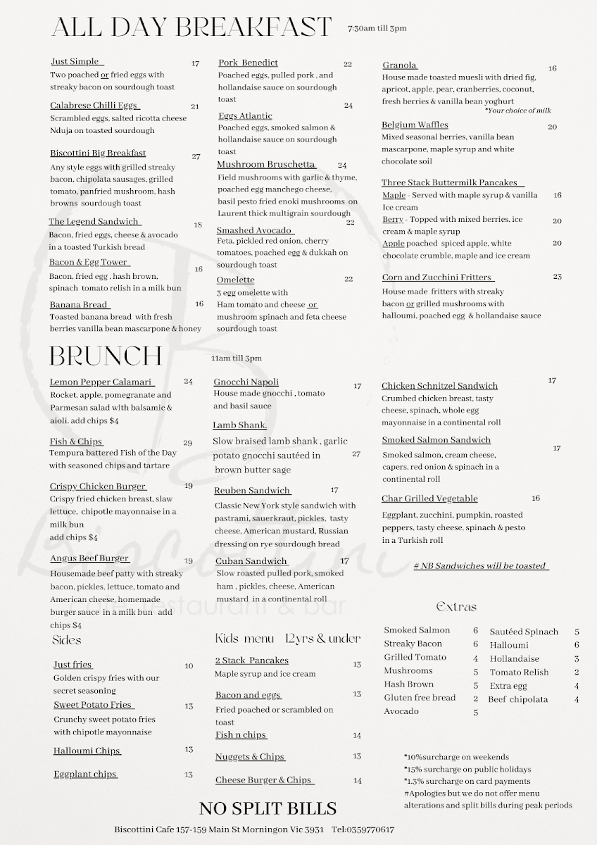 Menu, Biscottini Cafe