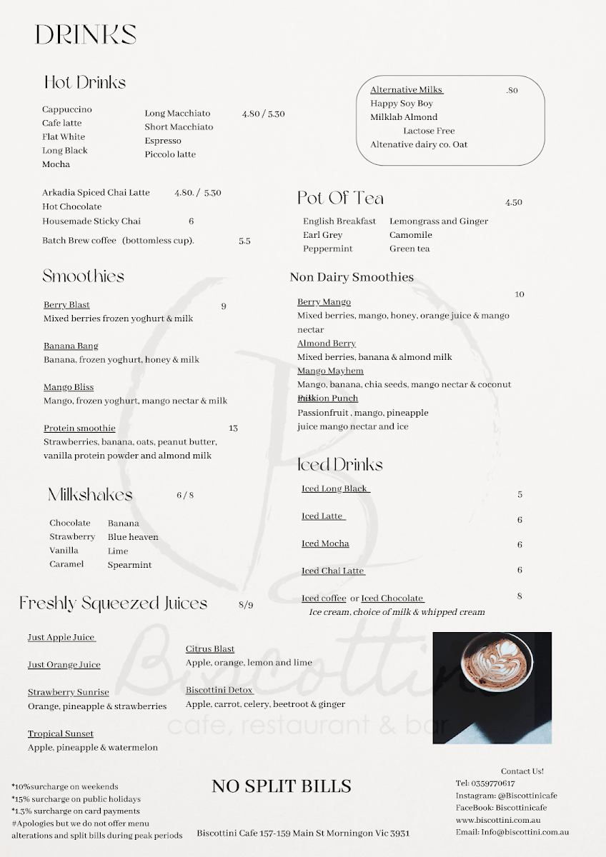Menu, Biscottini Cafe
