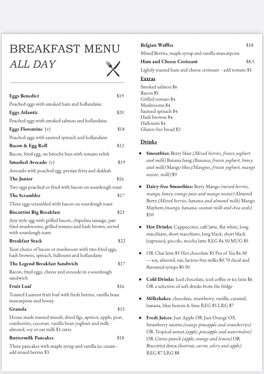 Menu, Biscottini Cafe