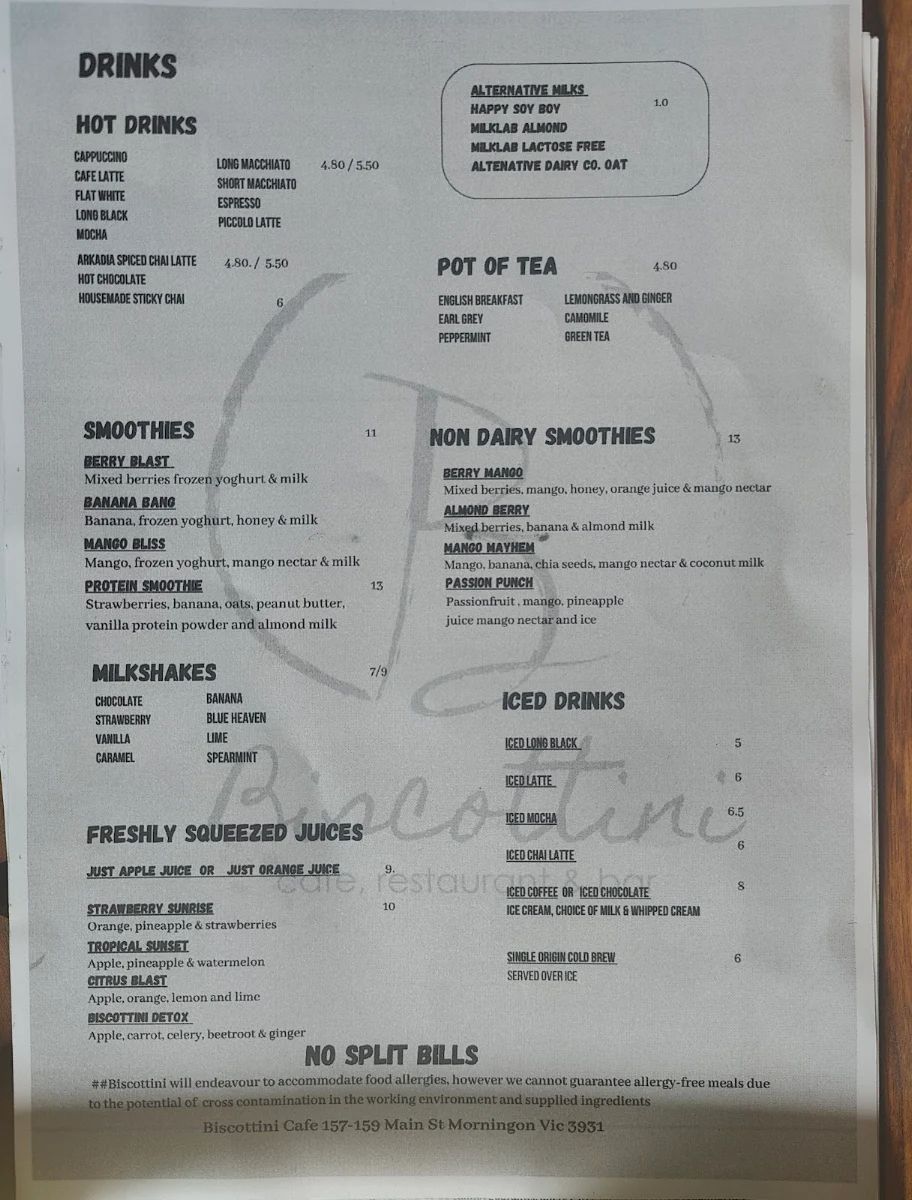 Menu, Biscottini Cafe