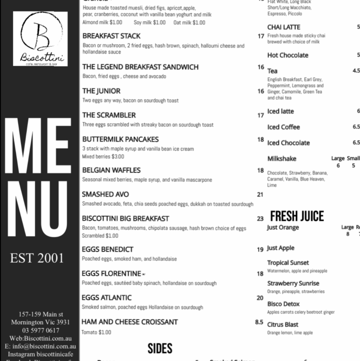 Menu, Biscottini Cafe