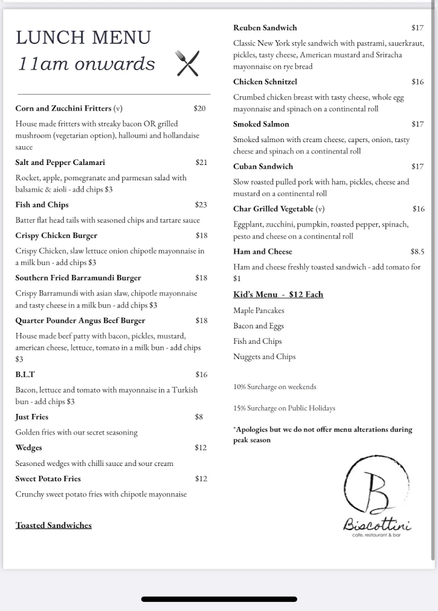 Menu, Biscottini Cafe