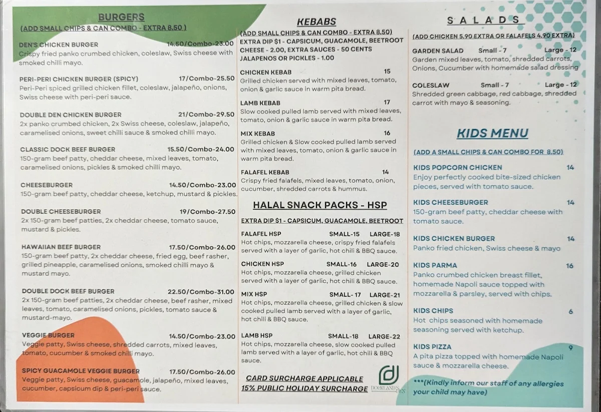 Menu, Docklands Den