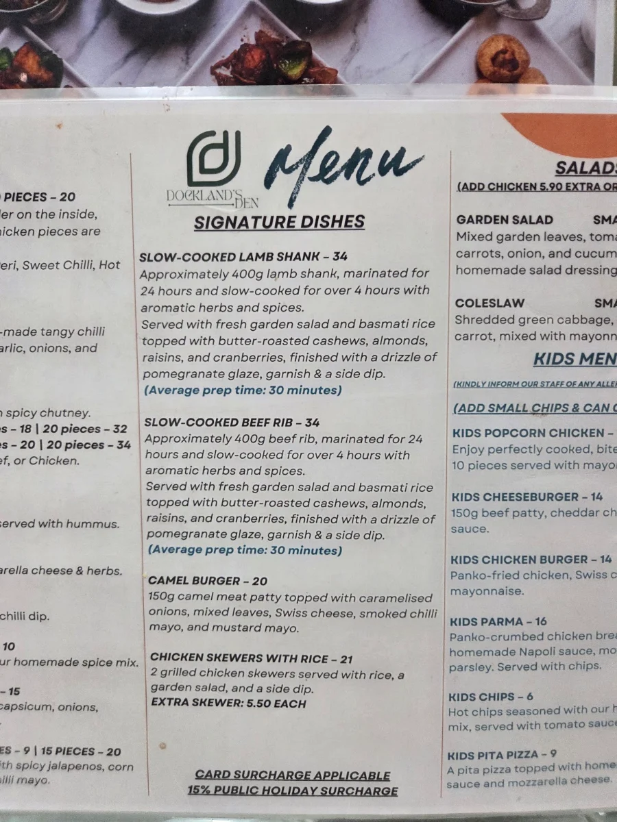 Menu, Docklands Den