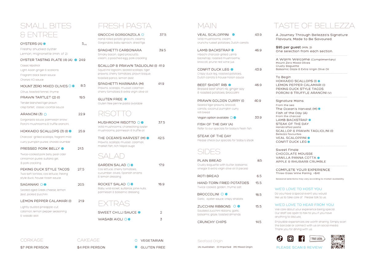 Menu, Bellezza Restaurant