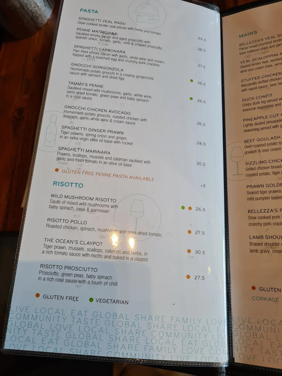 Menu, Bellezza Restaurant