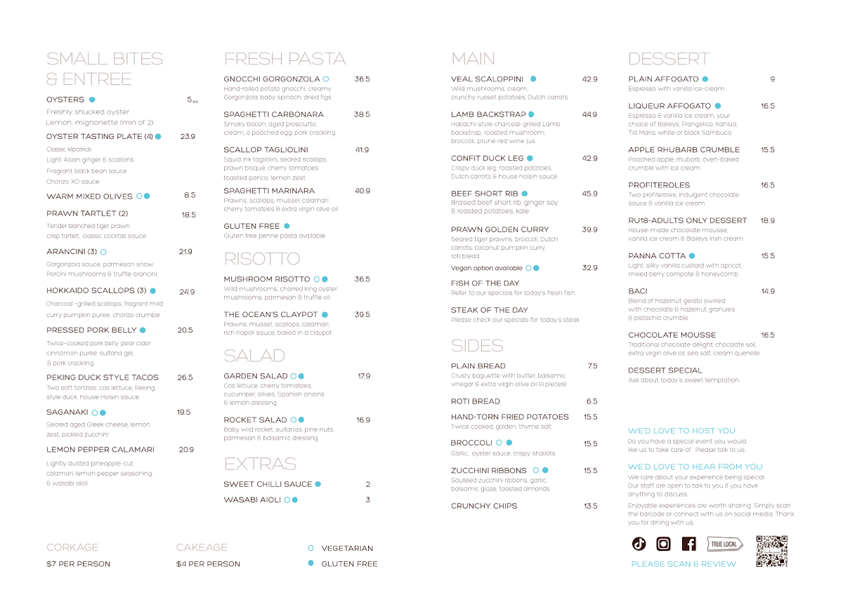Menu, Bellezza Restaurant