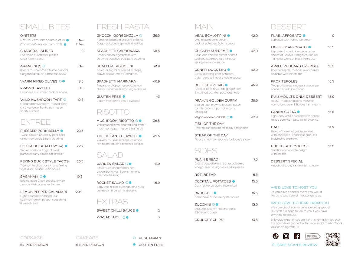 Menu, Bellezza Restaurant