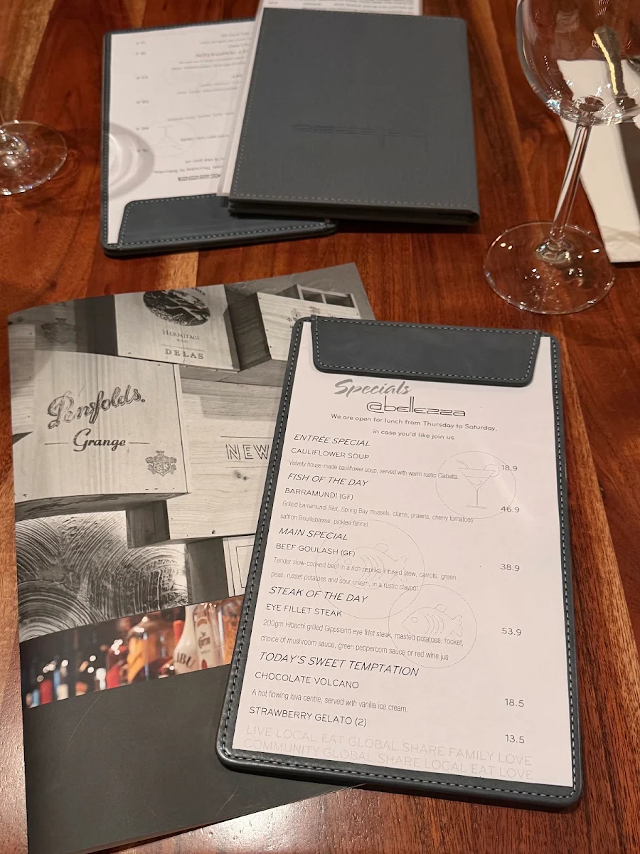Menu, Bellezza Restaurant