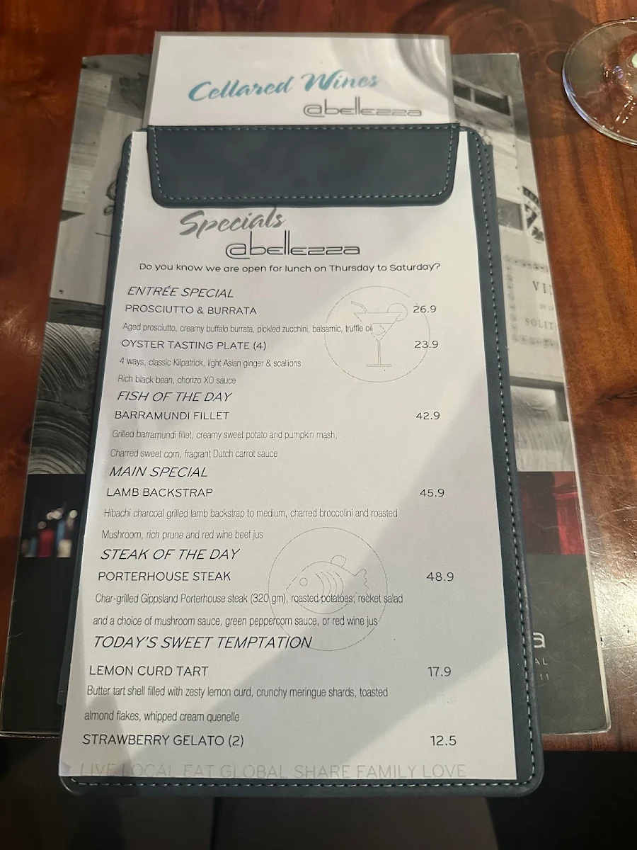 Menu, Bellezza Restaurant