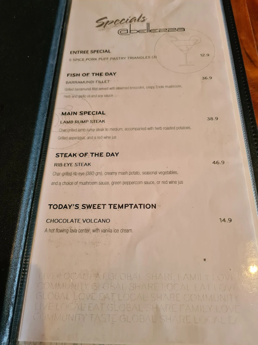 Menu, Bellezza Restaurant