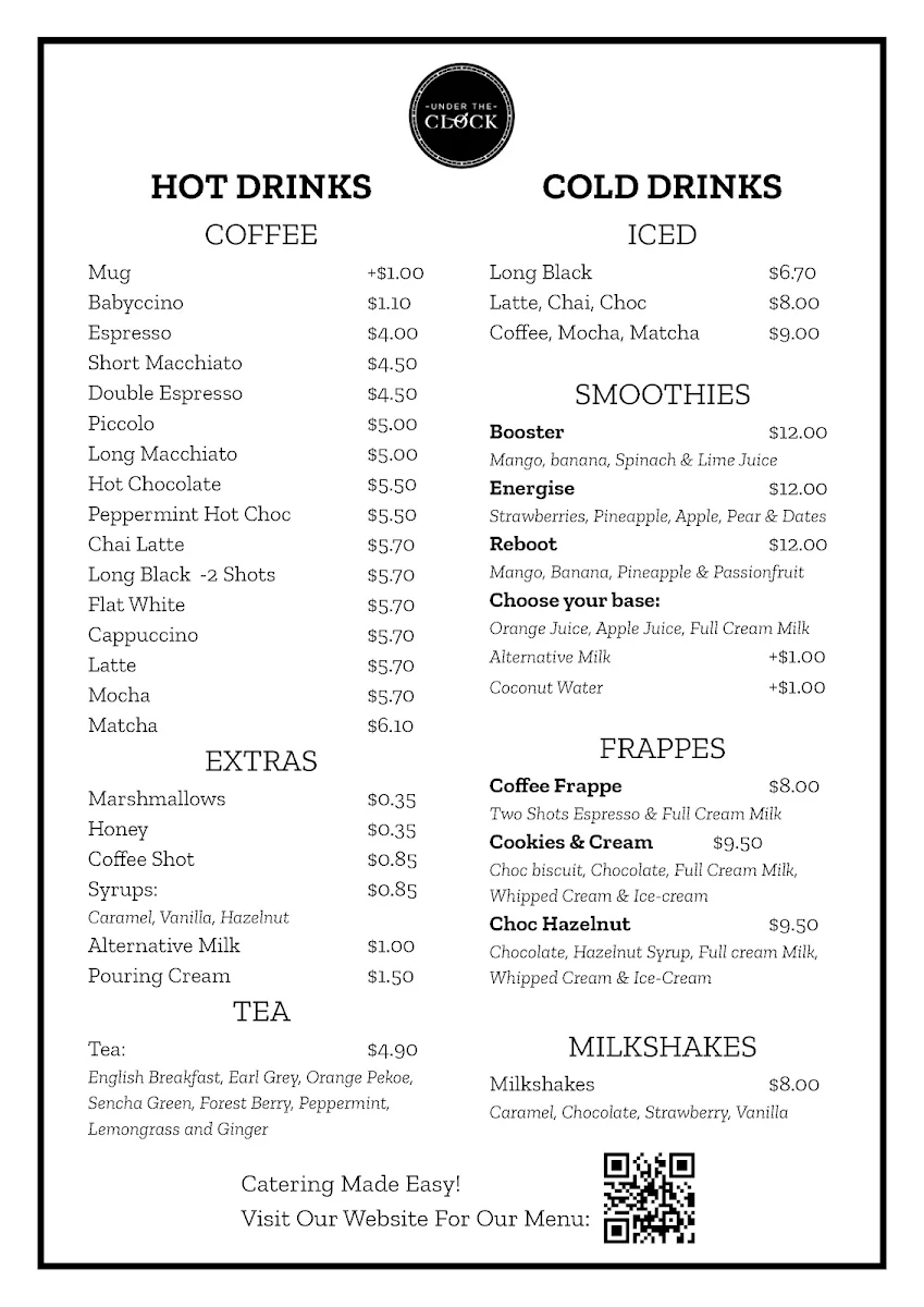 Menu, Under The Clock Cafe