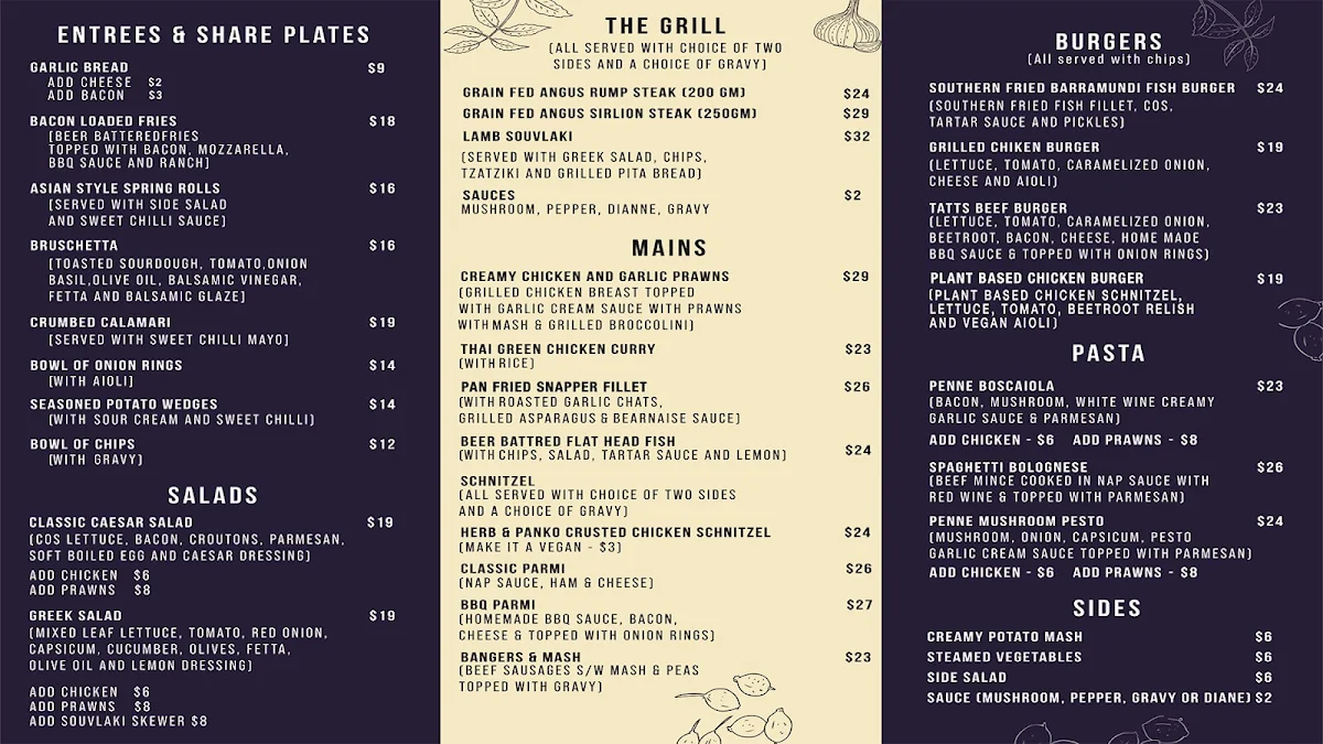Menu, Tattersalls Hotel