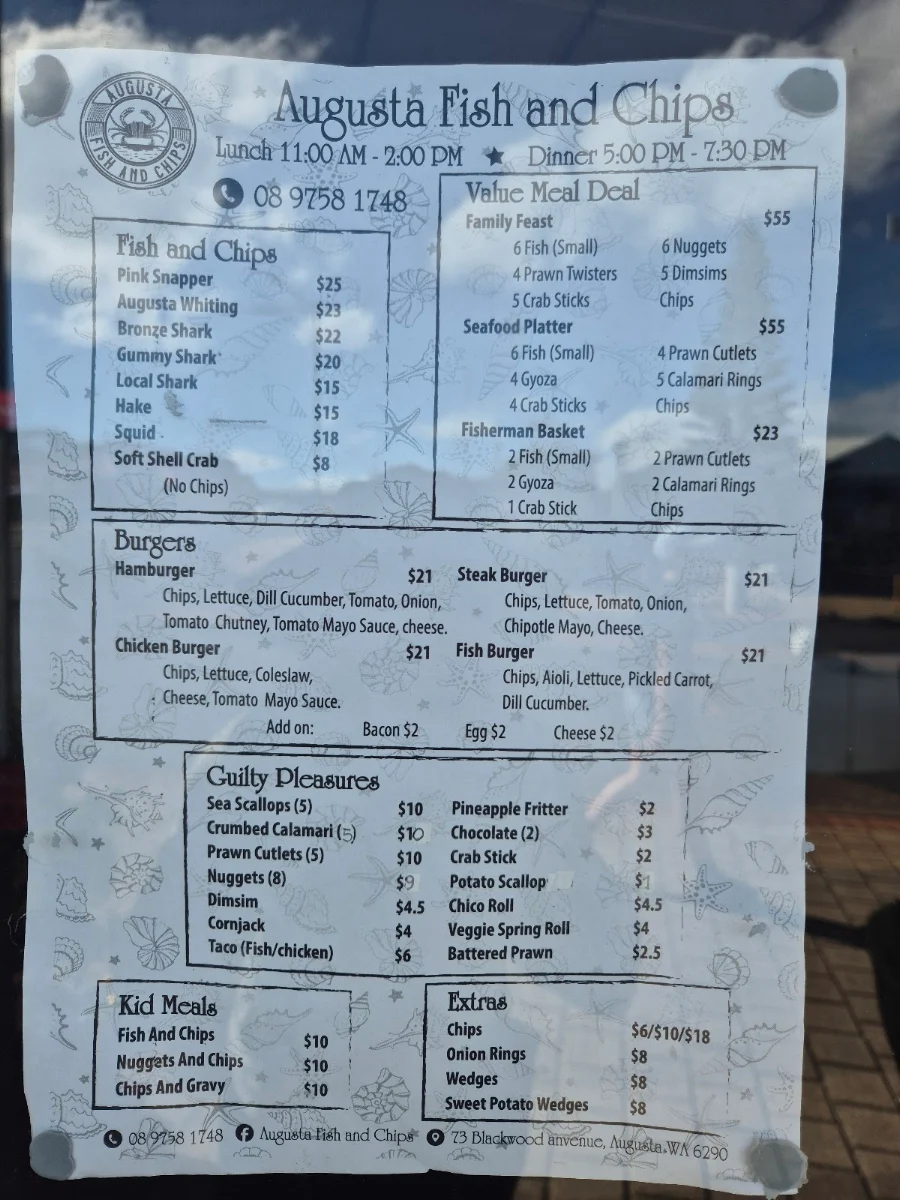 Menu, Augusta Fish & Chips