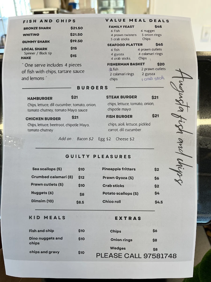 Menu, Augusta Fish & Chips