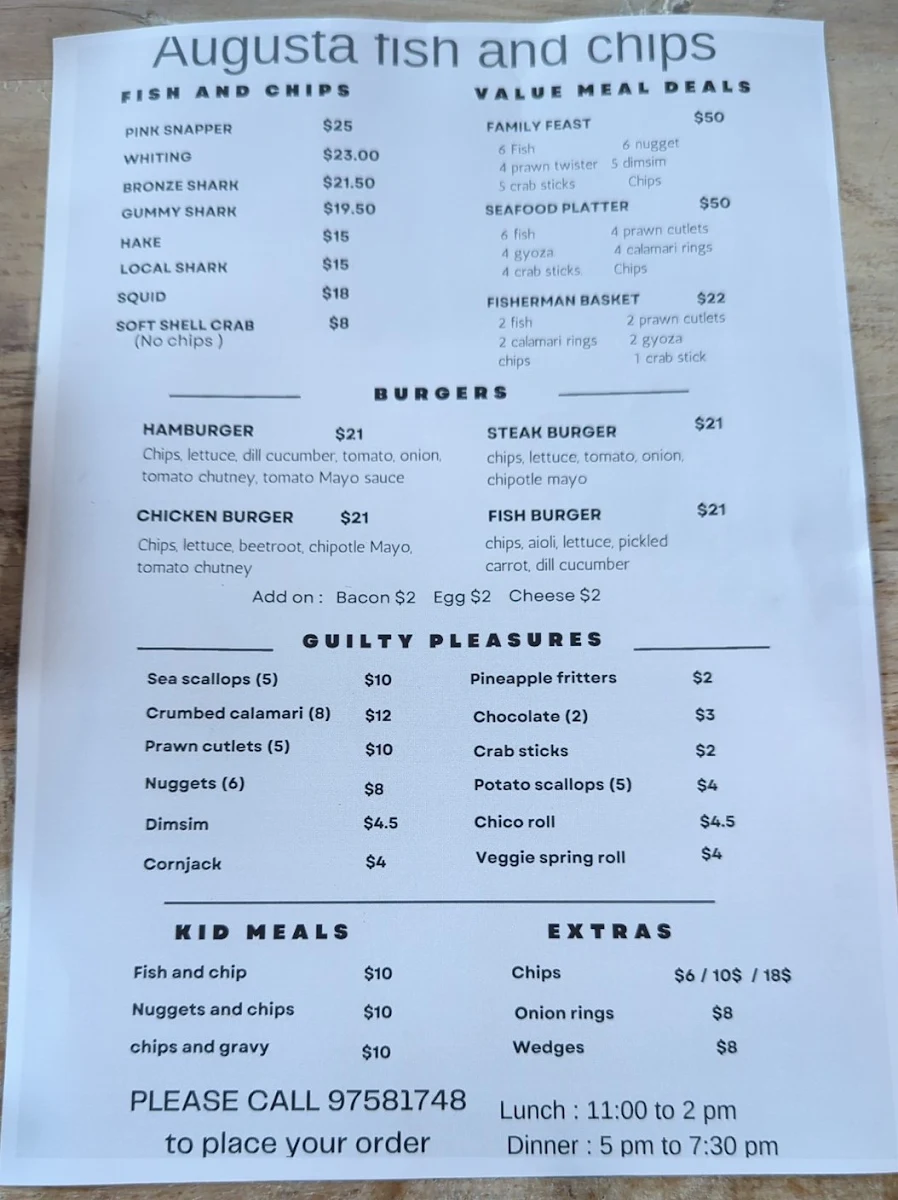 Menu, Augusta Fish & Chips