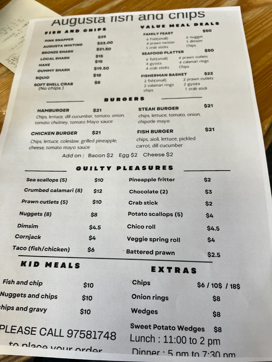 Menu, Augusta Fish & Chips