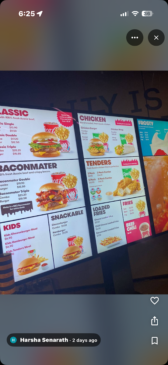 Menu, Wendy's Dandenong South