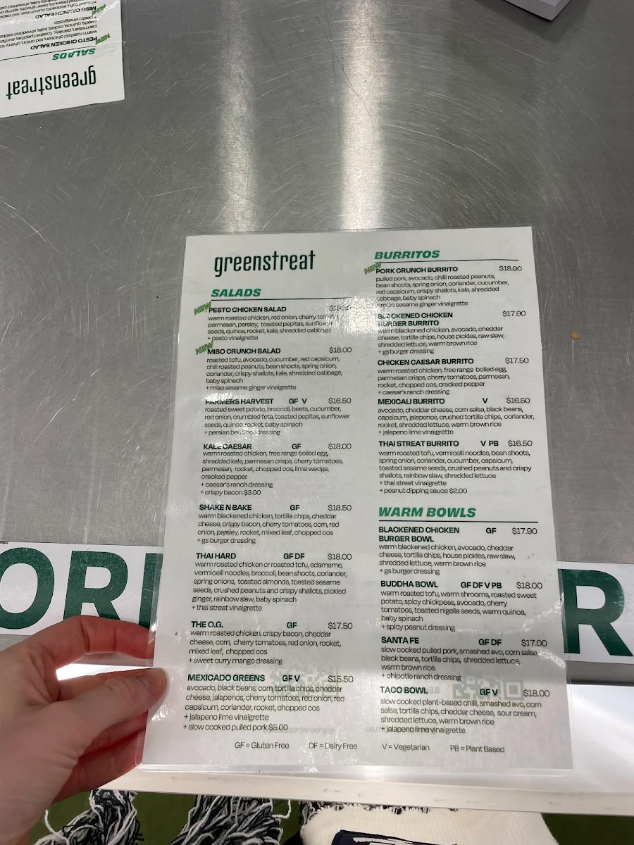 Menu, Greenstreat Swan Street