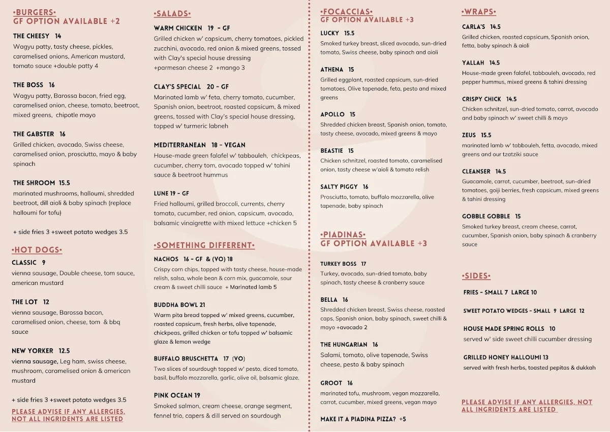 Menu, Clay’s Kitchen