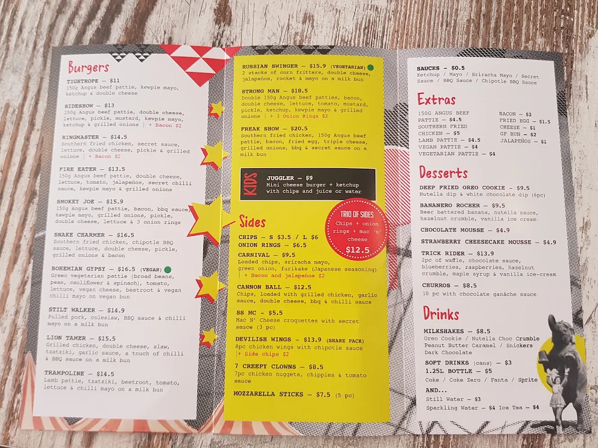 Menu, Sideshow Burgers Rosanna