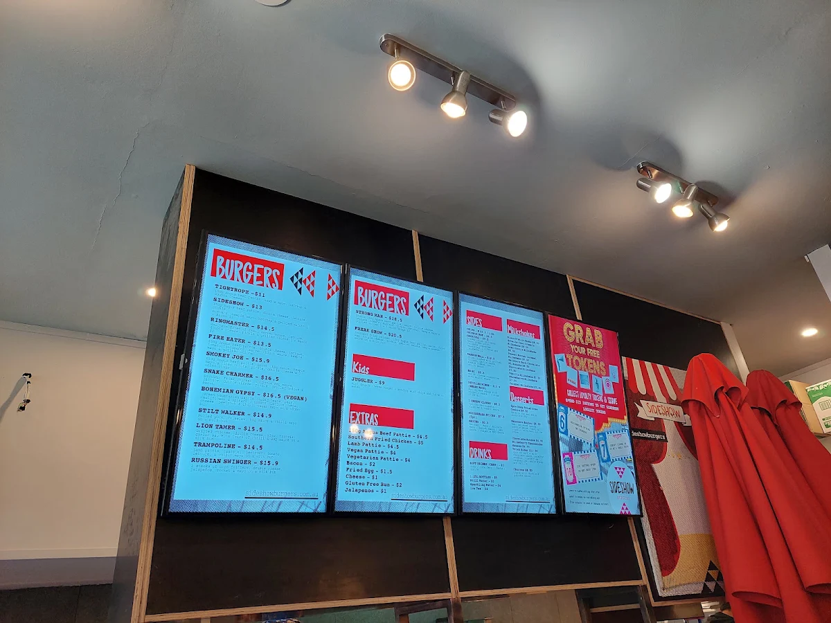 Menu, Sideshow Burgers Rosanna
