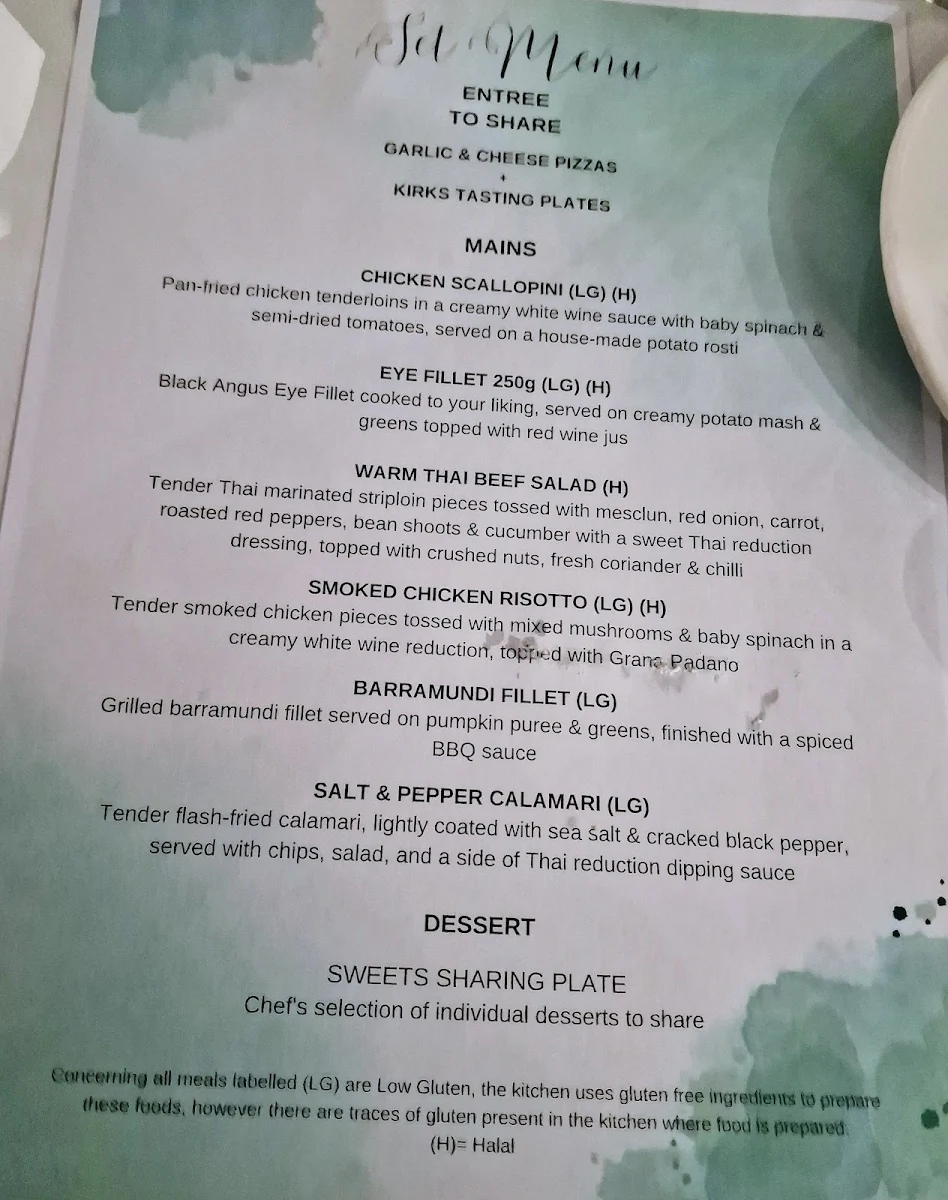 Menu, Kirks on the Esplanade