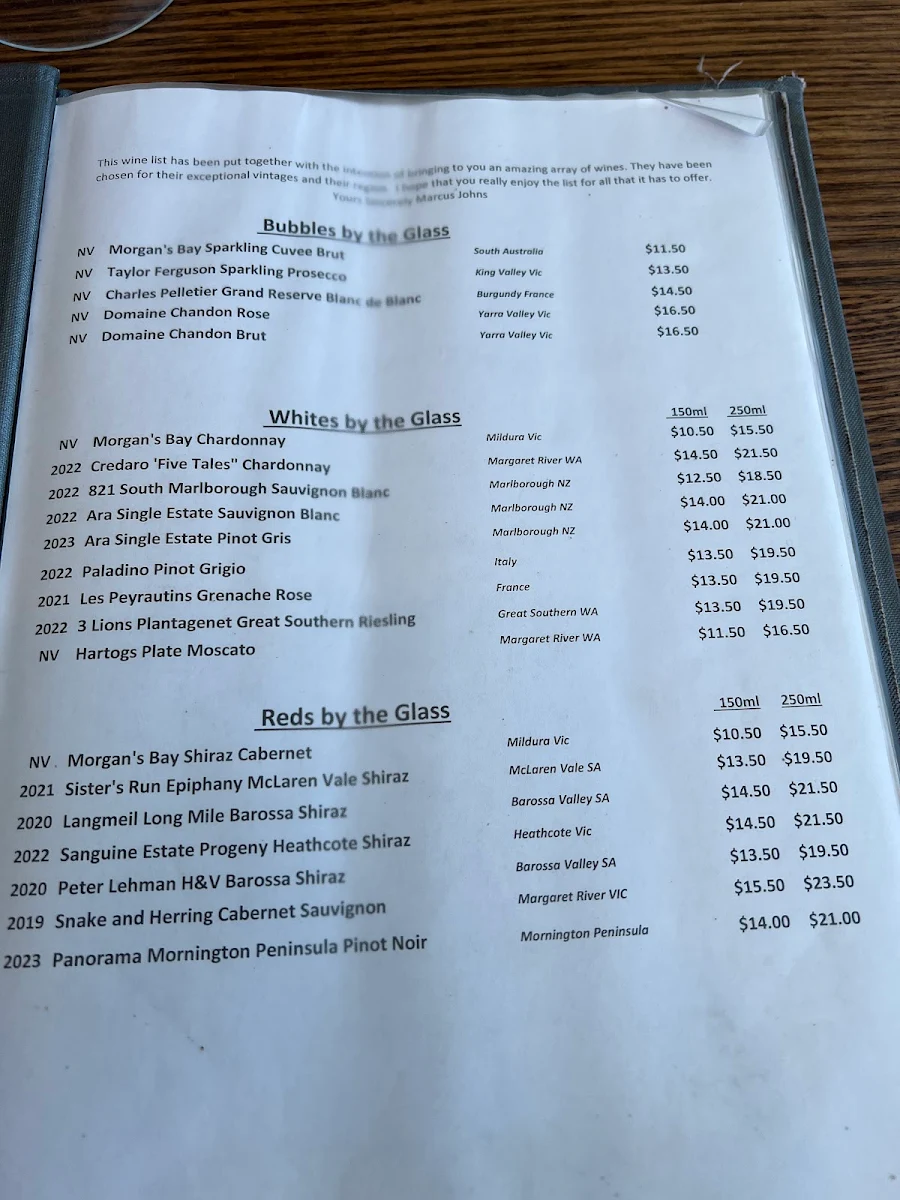 Menu, Kirks on the Esplanade