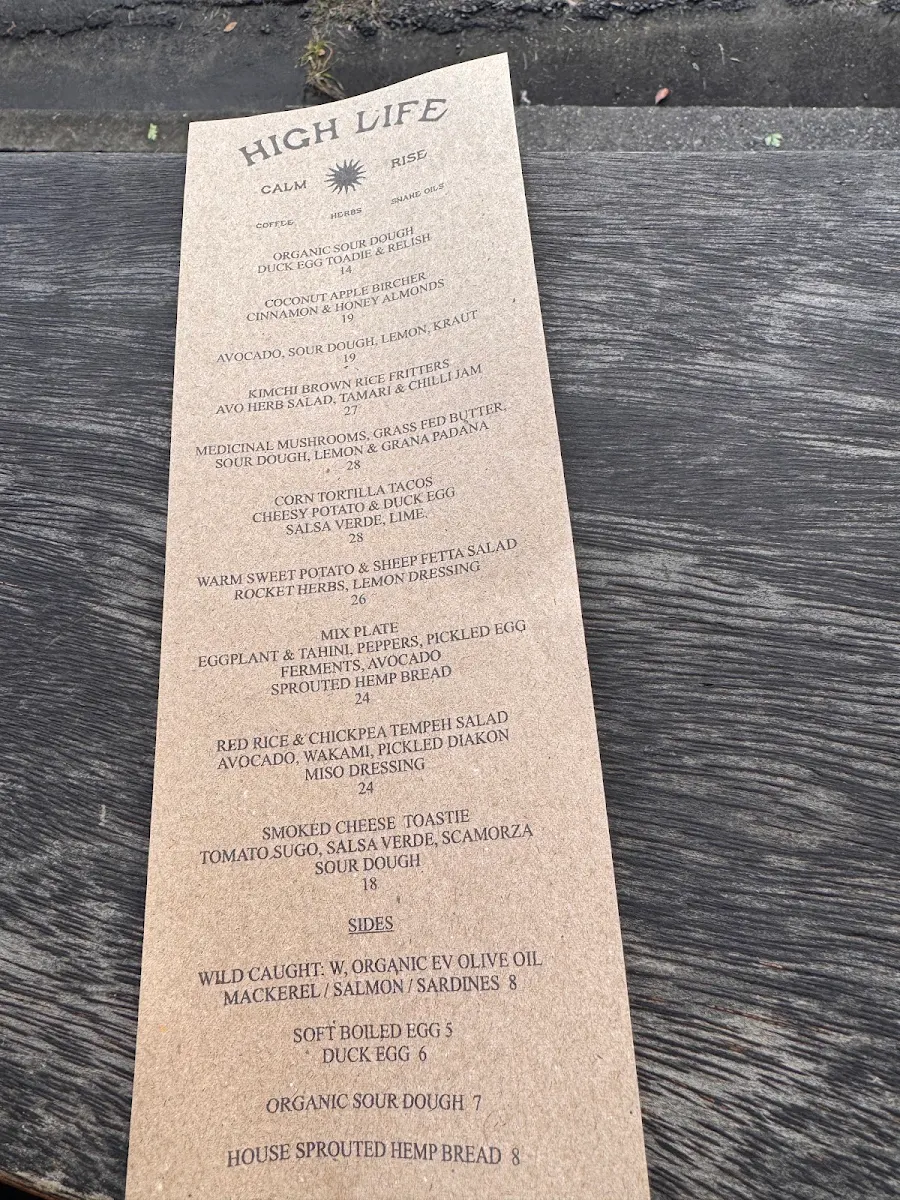 Menu, High Life