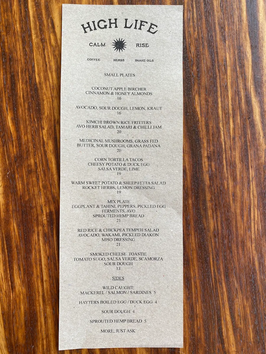 Menu, High Life