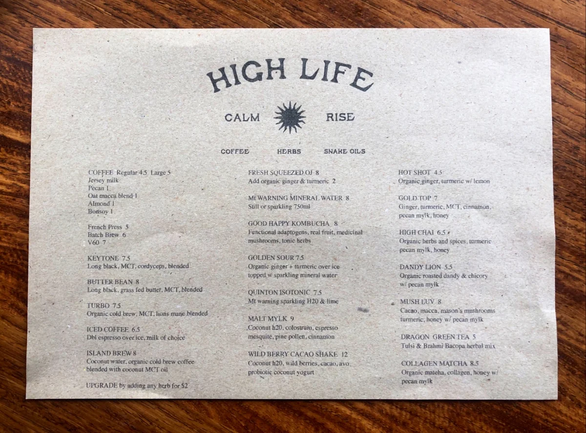 Menu, High Life