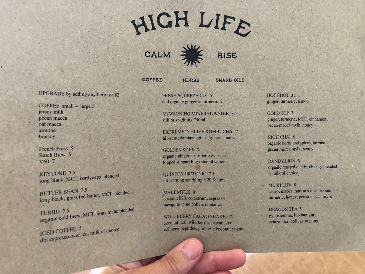 Menu, High Life