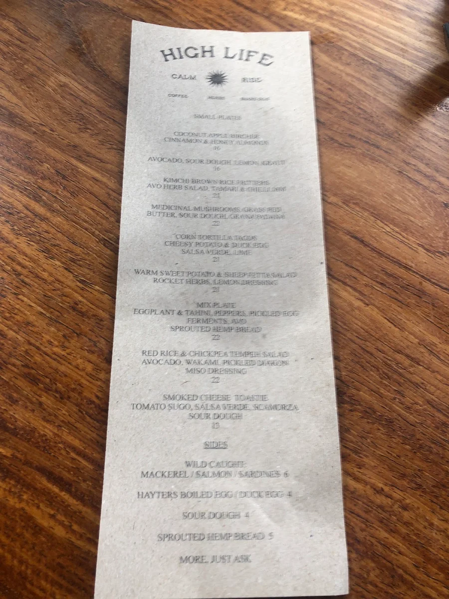 Menu, High Life