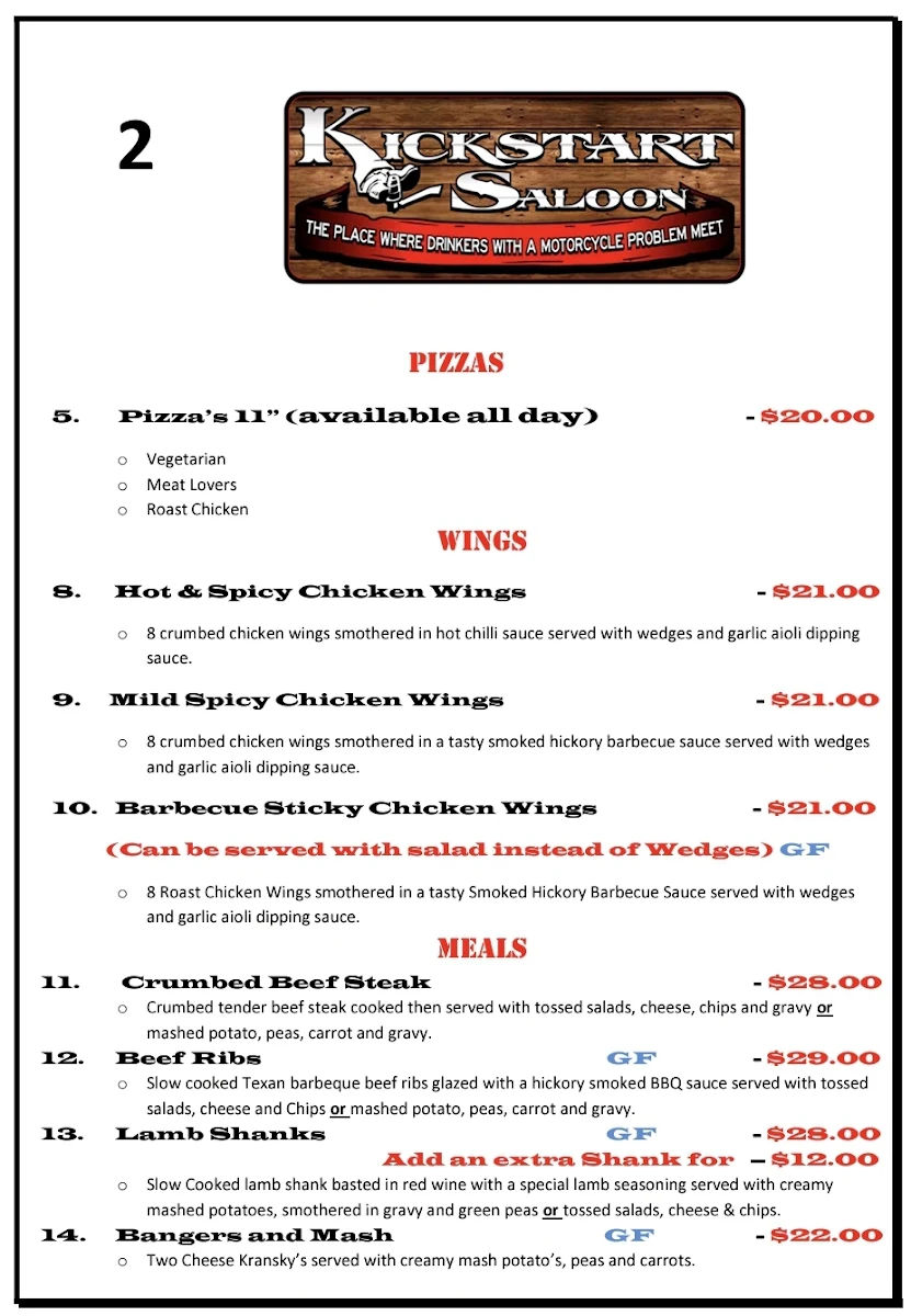 Menu, Kickstart Saloon