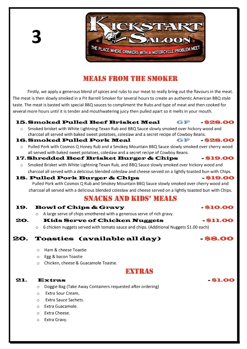 Menu, Kickstart Saloon