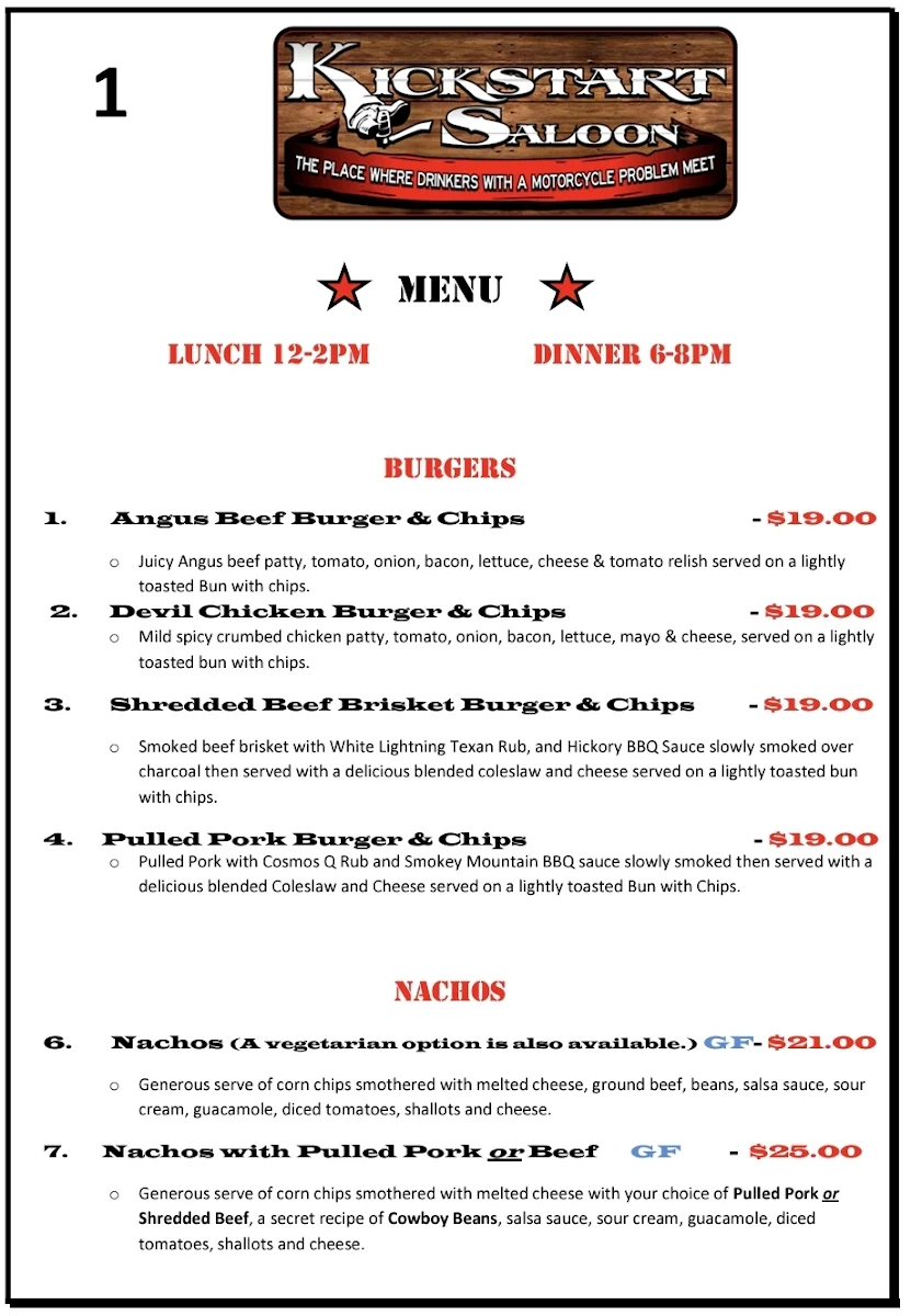 Menu, Kickstart Saloon