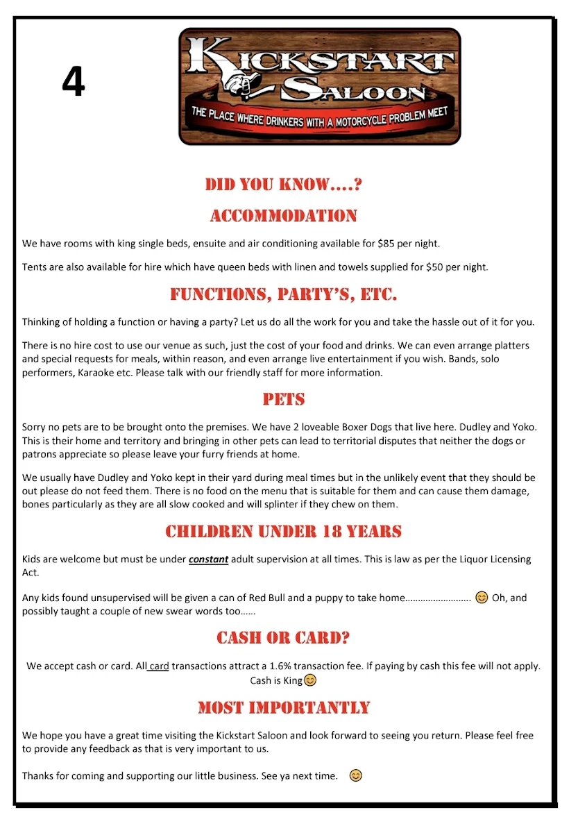Menu, Kickstart Saloon