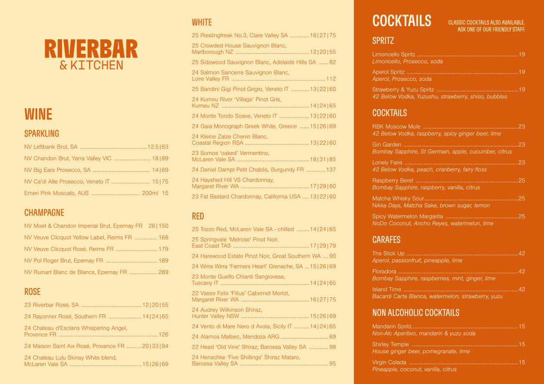 Menu, Riverbar & Kitchen