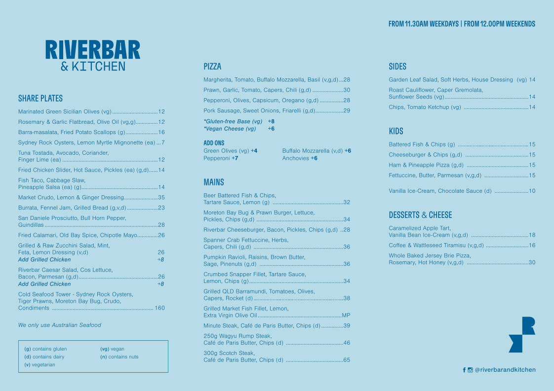 Menu, Riverbar & Kitchen