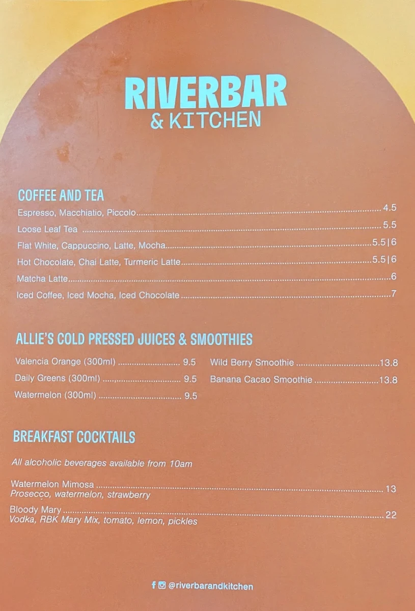 Menu, Riverbar & Kitchen