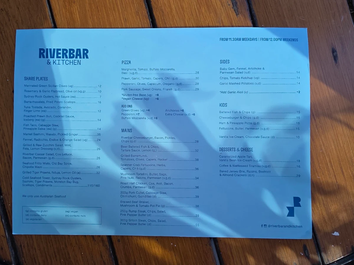 Menu, Riverbar & Kitchen