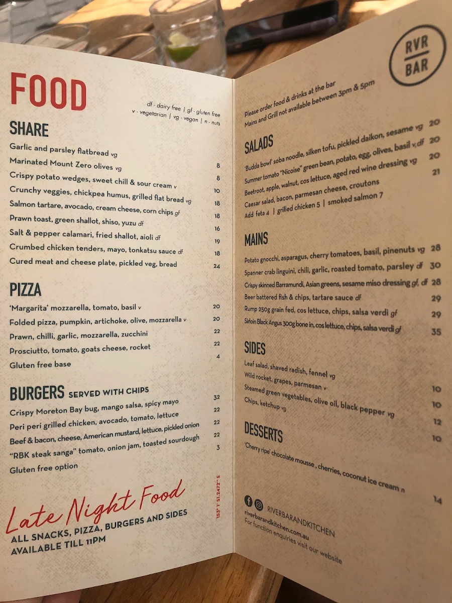 Menu, Riverbar & Kitchen