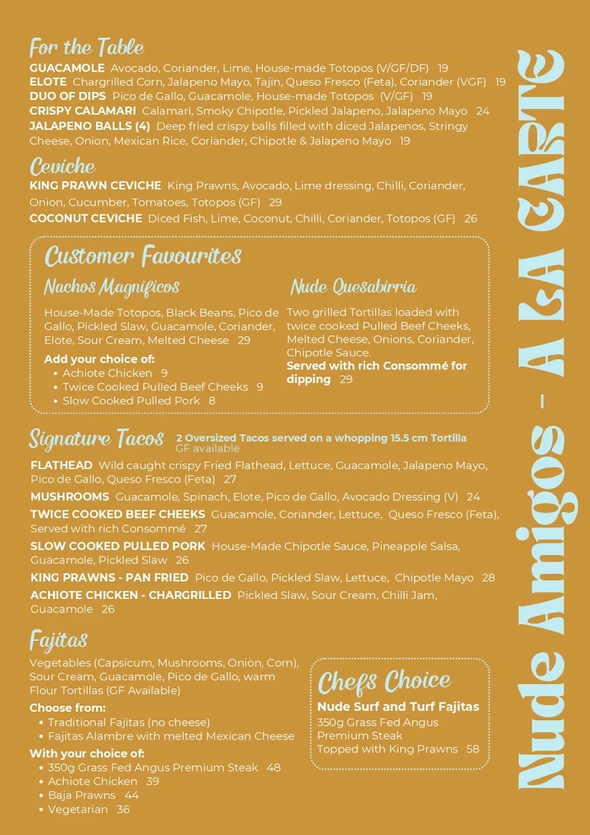 Menu, Nude Amigos Cairns