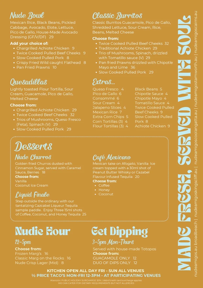 Menu, Nude Amigos Cairns
