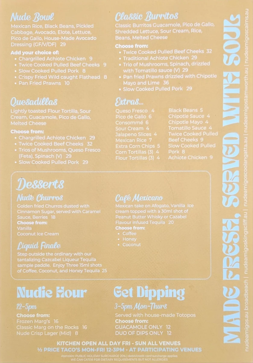 Menu, Nude Amigos Cairns