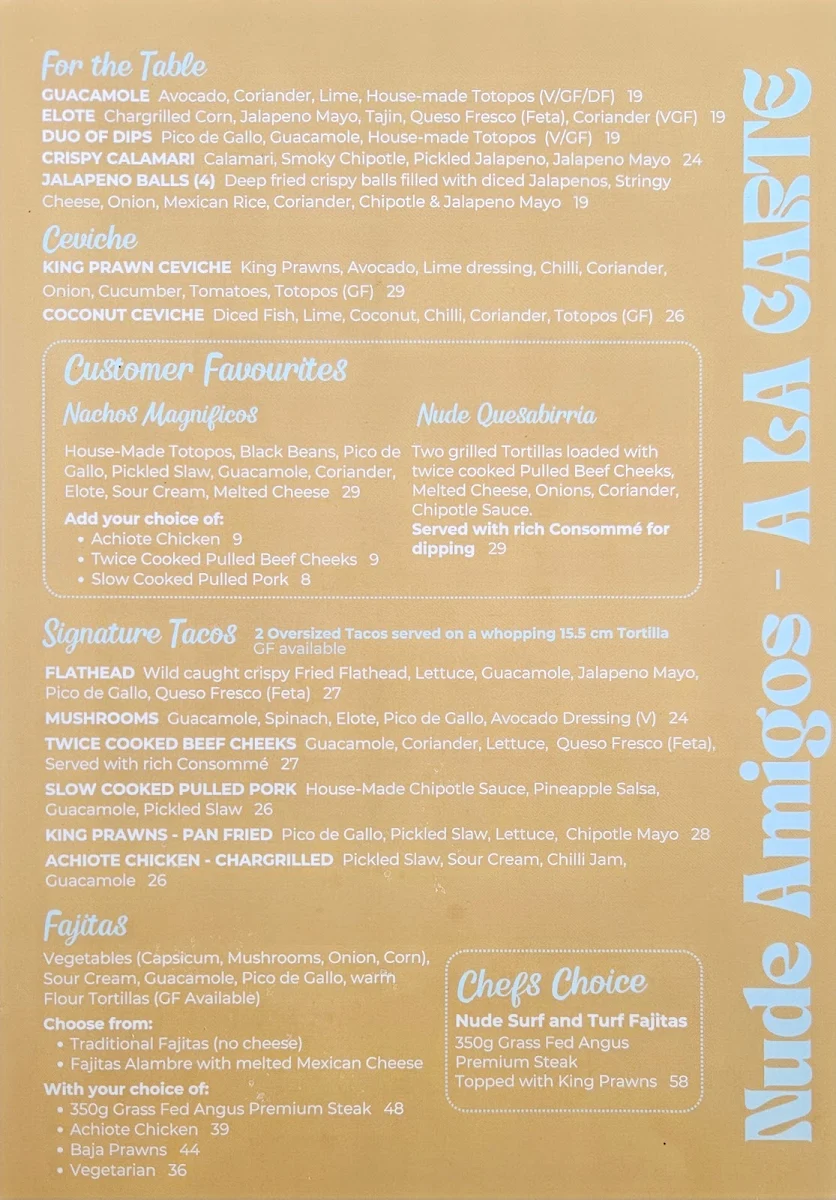 Menu, Nude Amigos Cairns